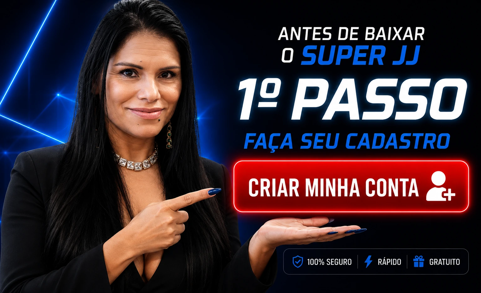 Apresentadora destacando o primeiro passo: criar minha conta